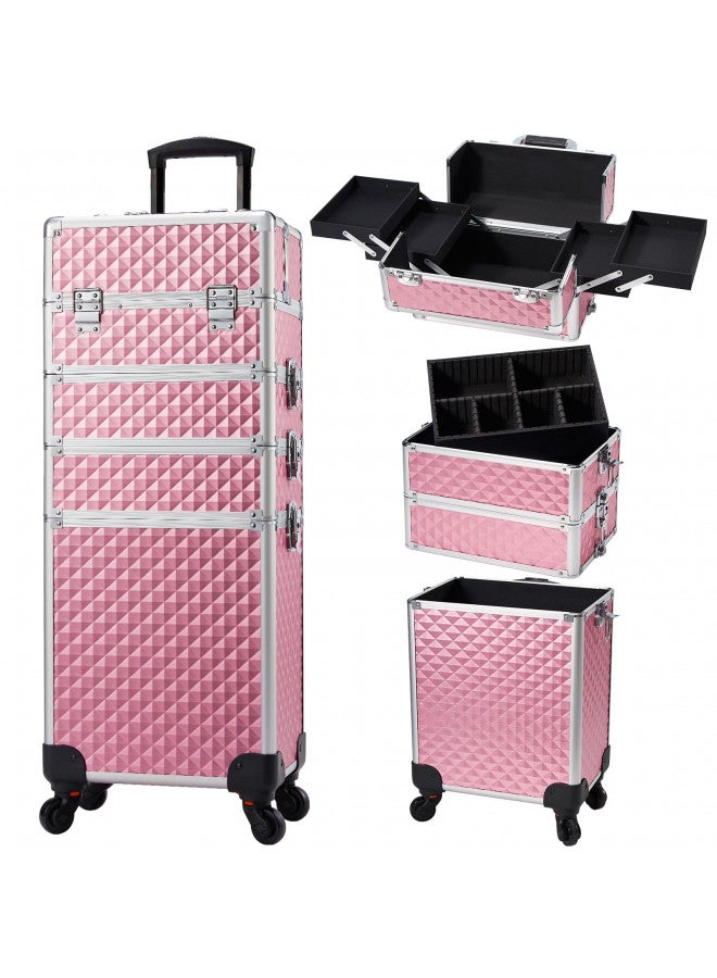 Stagiant Rolling Makeup Train Case Large Storage Cosmetic Trolley 4 in 1 Large Capacity Trolley Makeup Travel Case with Key Swivel Wheels Salon Barber Case Traveling Cart Trunk - Pink - Image 1