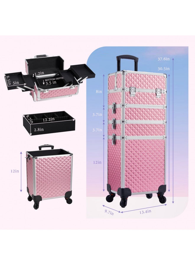 Stagiant Rolling Makeup Train Case Large Storage Cosmetic Trolley 4 in 1 Large Capacity Trolley Makeup Travel Case with Key Swivel Wheels Salon Barber Case Traveling Cart Trunk - Pink - Image 5