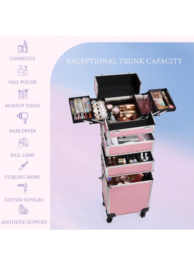 Stagiant Rolling Makeup Train Case Large Storage Cosmetic Trolley 4 in 1 Large Capacity Trolley Makeup Travel Case with Key Swivel Wheels Salon Barber Case Traveling Cart Trunk - Pink - Image 2