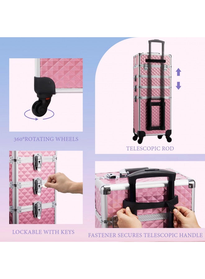 Stagiant Rolling Makeup Train Case Large Storage Cosmetic Trolley 4 in 1 Large Capacity Trolley Makeup Travel Case with Key Swivel Wheels Salon Barber Case Traveling Cart Trunk - Pink - Image 4