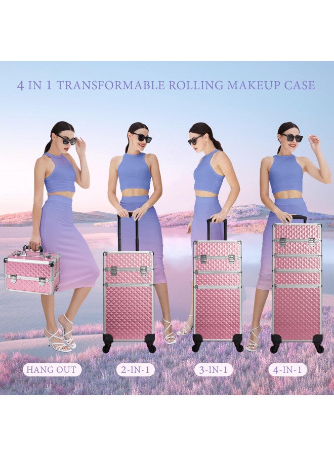 Stagiant Rolling Makeup Train Case Large Storage Cosmetic Trolley 4 in 1 Large Capacity Trolley Makeup Travel Case with Key Swivel Wheels Salon Barber Case Traveling Cart Trunk - Pink - Image 3