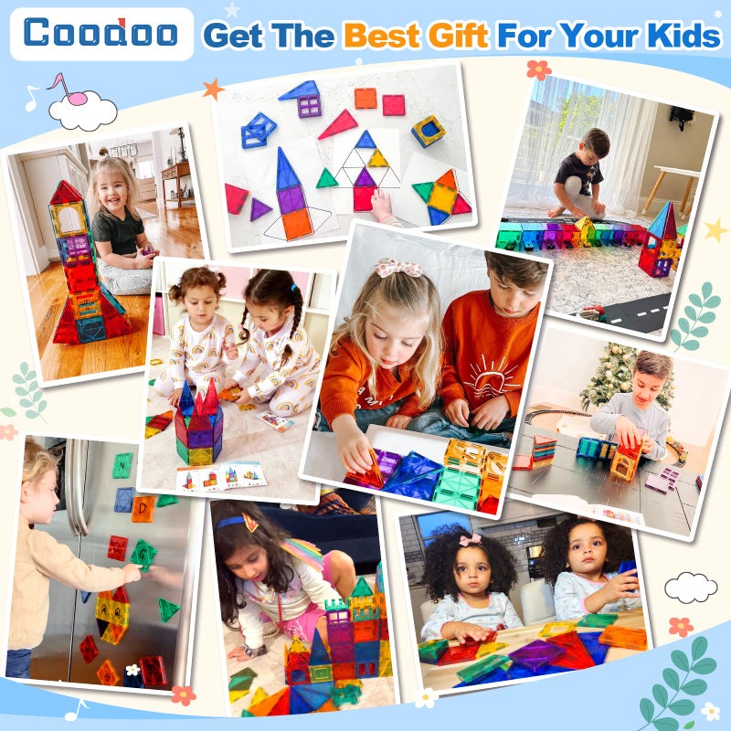 Coodoo مجموعة ألعاب البناء المغناطيسية 100 قطعة مع سيارتين، كتل مغناطيسية حسية للتكديس للأطفال الصغار والأطفال، مثالية لألعاب مونتيسوري في مرحلة ما قبل المدرسة، هدايا عيد الميلاد أو عيد الميلاد للأولاد والبنات من عمر 3 سنوات فما فوق - Image 4