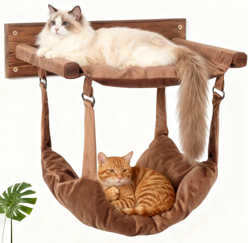 JSPYFITS Wooden Cat Wall Hammock, 18.9 x 12.6 Inch Double Layer Cat Furniture Hammock, Large Removable Multi-Function Cats Bed for Sleep/Play/Climb/Lounge Easy DIY Installation(Brown) - Image 1