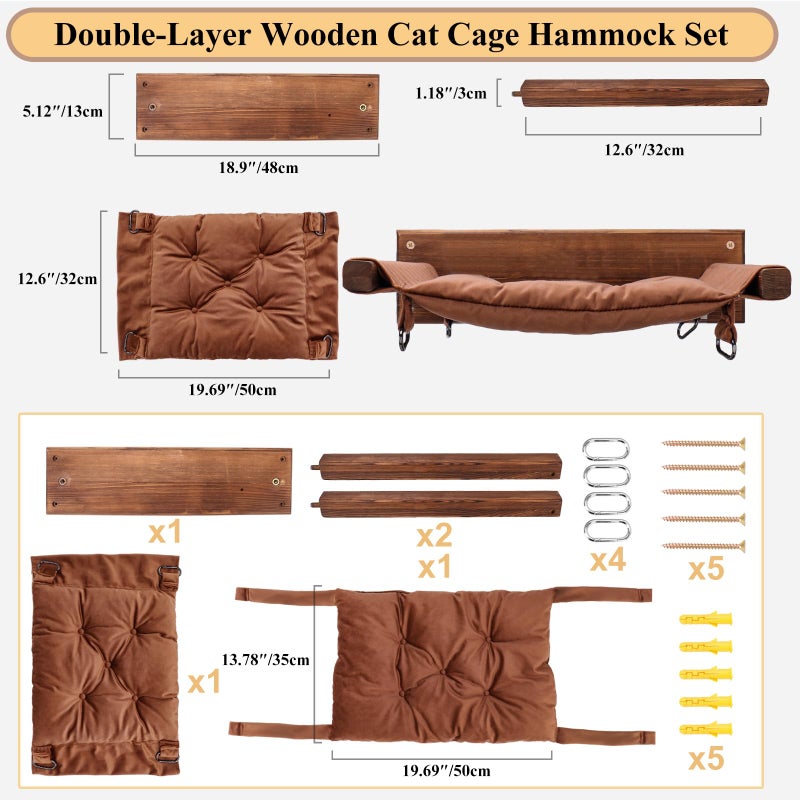 JSPYFITS Wooden Cat Wall Hammock, 18.9 x 12.6 Inch Double Layer Cat Furniture Hammock, Large Removable Multi-Function Cats Bed for Sleep/Play/Climb/Lounge Easy DIY Installation(Brown) - Image 4