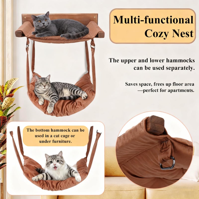 JSPYFITS Wooden Cat Wall Hammock, 18.9 x 12.6 Inch Double Layer Cat Furniture Hammock, Large Removable Multi-Function Cats Bed for Sleep/Play/Climb/Lounge Easy DIY Installation(Brown) - Image 3