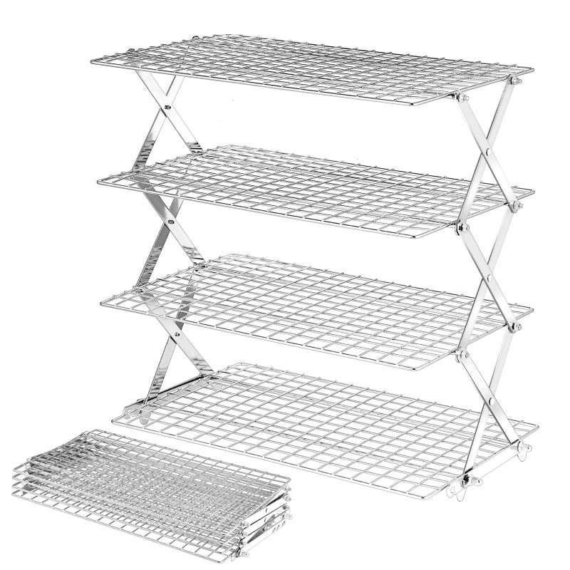 BEWOS 4 Tier Collapsible Cooling Rack - Adjustable Stainless Steel Baking Rack with Leak-Proof Mesh, X-Shaped Structure Cooling Rack for Cooking and Baking, Dishwasher Safe - Image 1
