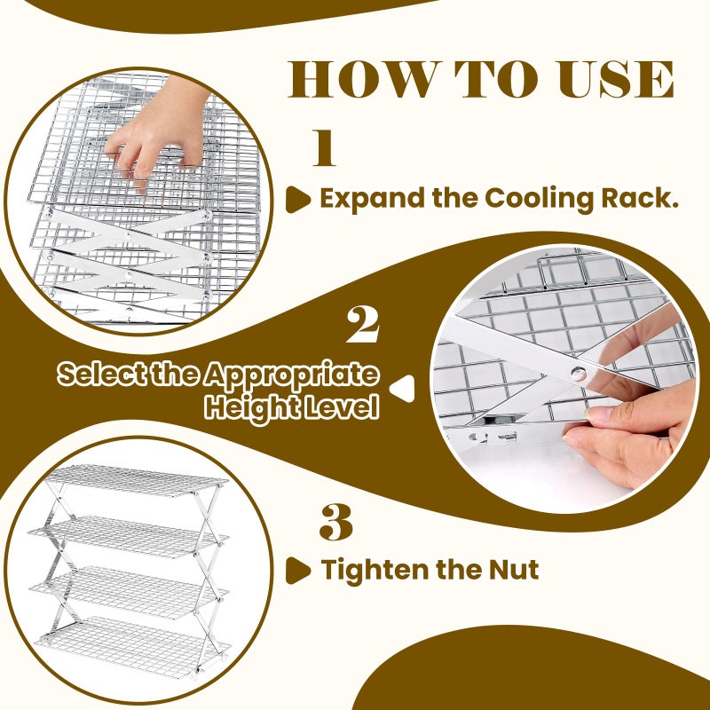 BEWOS 4 Tier Collapsible Cooling Rack - Adjustable Stainless Steel Baking Rack with Leak-Proof Mesh, X-Shaped Structure Cooling Rack for Cooking and Baking, Dishwasher Safe - Image 5