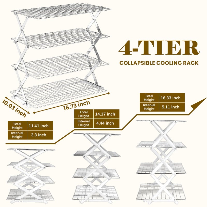 BEWOS 4 Tier Collapsible Cooling Rack - Adjustable Stainless Steel Baking Rack with Leak-Proof Mesh, X-Shaped Structure Cooling Rack for Cooking and Baking, Dishwasher Safe - Image 2