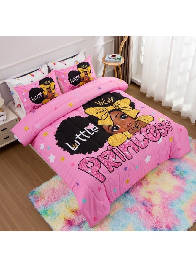 A Nice Night Black Girl Little Princess Comforter Set, Pink 6Pcs Bed in A Bag Full Size Sparkling Stars Bedding Set,for Kids, Girls - Image 4