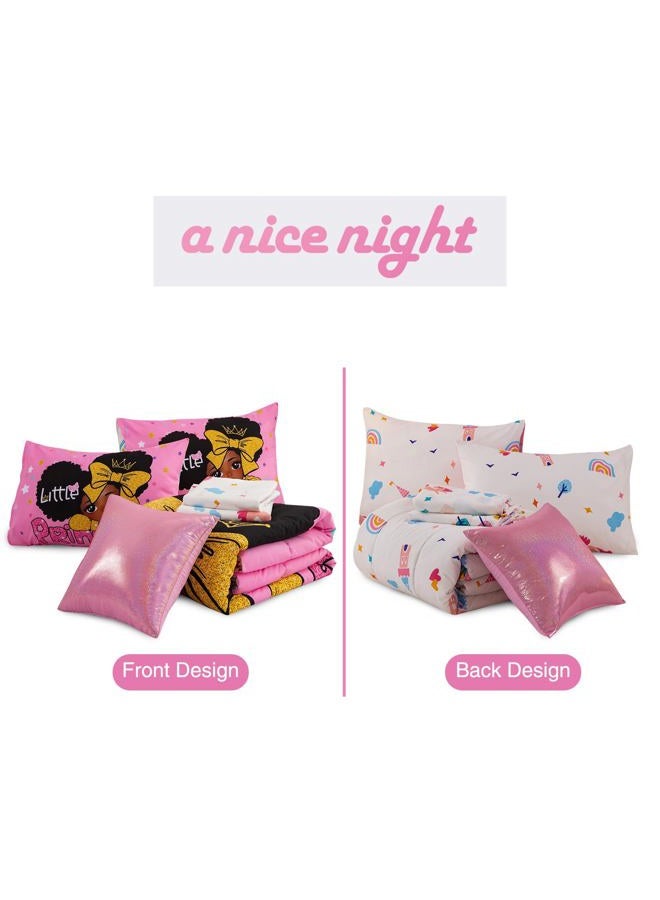 A Nice Night Black Girl Little Princess Comforter Set, Pink 6Pcs Bed in A Bag Full Size Sparkling Stars Bedding Set,for Kids, Girls - Image 5
