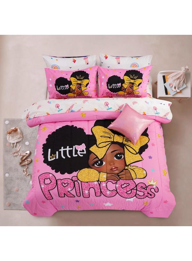 A Nice Night Black Girl Little Princess Comforter Set, Pink 6Pcs Bed in A Bag Full Size Sparkling Stars Bedding Set,for Kids, Girls - Image 1
