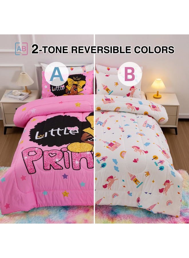 A Nice Night Black Girl Little Princess Comforter Set, Pink 6Pcs Bed in A Bag Full Size Sparkling Stars Bedding Set,for Kids, Girls - Image 2