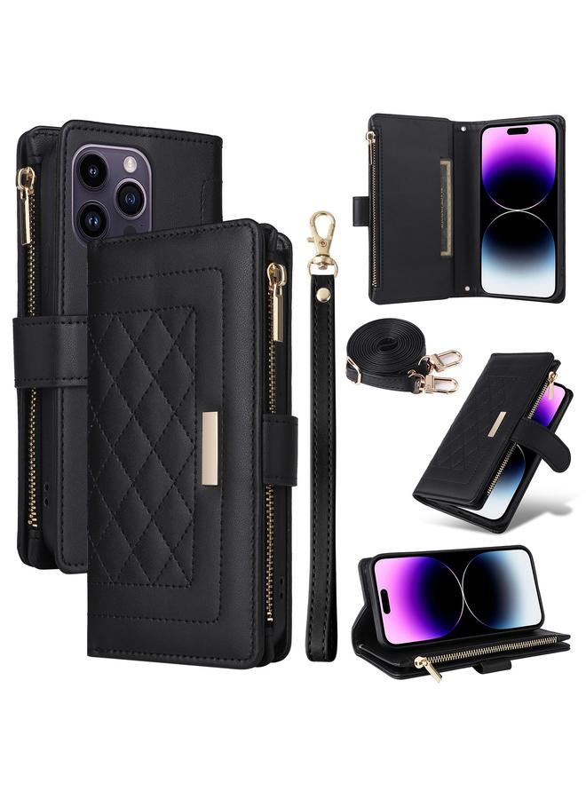 إيروريكس جراب هاتف iPhone 14 Pro Max Crossbody بسحاب ومحفظة من الجلد على شكل معين - Image 1