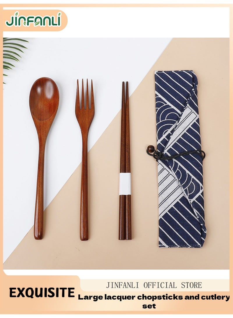 جين فان ل أنا مجموعة أدوات مائدة مكونة من ملعقة وشوكة وعيدان طعام خشبية (مجموعة واحدة) (حقيبة قماشية منقوشة) - Image 1