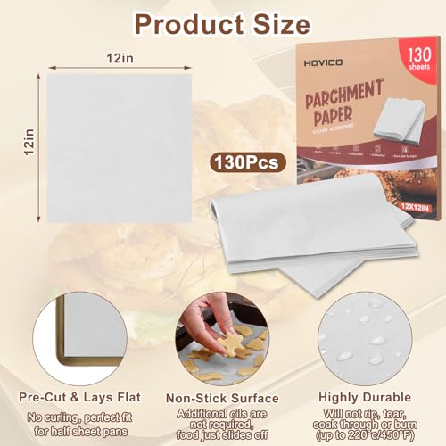 Hovico 130-Pack Precut Parchment Paper Sheets | 12x12 Inch White Baking Paper | Heavy Duty Non-Stick Liners for Oven, Air Fryer, Grill & Steaming | Perfect for Baking, Cooking, Wrapping Food - Image 2