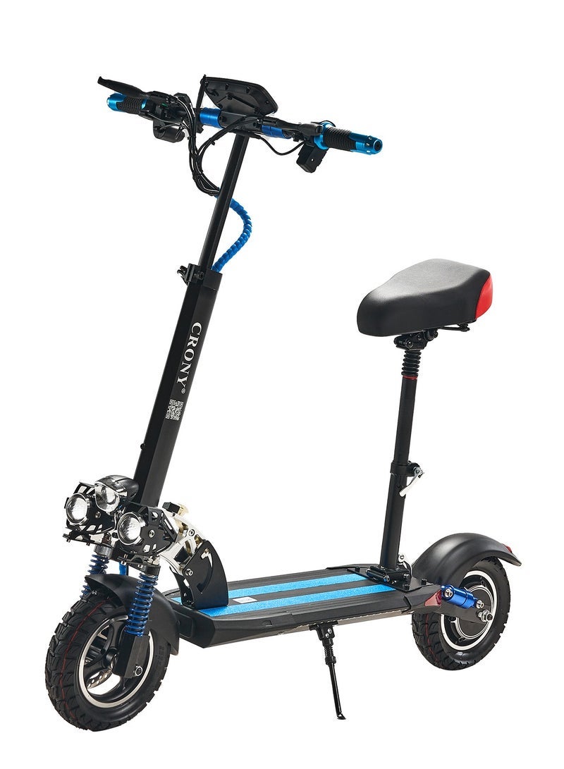 Crony V10 Big Display Fast Speed E-Scooter 1200W 48V Battery 45-68KN/H,10"Off-Road Tires,Triple LED Headlamps, Brushless Motor,All-Terrain electric Scooter, Dual Suspension, Dual Hydraulic Disc Brakes E-Bike, Easy Foldable, Portable Commuter E-Scooter for Adults & Kids, 120KG Load Aluminum Frame Skateboard, Urban Mobility，Blue - Image 1