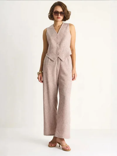 Bianco Lucci LUCCI V-neck Vest and Wide Leg Pants Two-Piece Coord Set