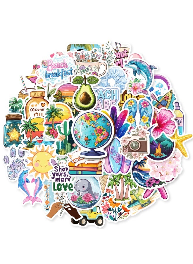 NIBEMINENT 50 Pcs Beach Style Deco Kit Waterproof Stickers, High Definition Printing Bright Colors, Suitable for Laptop Skateboard Luggage Water Bottle Guitar DIY - Image 1