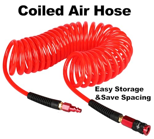EADUTY Heavy Duty Polyurethane Recoil Air Hose 1/4 in x 25 ft, Lightweight, Flexible Compressor Hose with Universal Quick Coupler, I/M Plug and Bend Restrictors, Red - Image 4