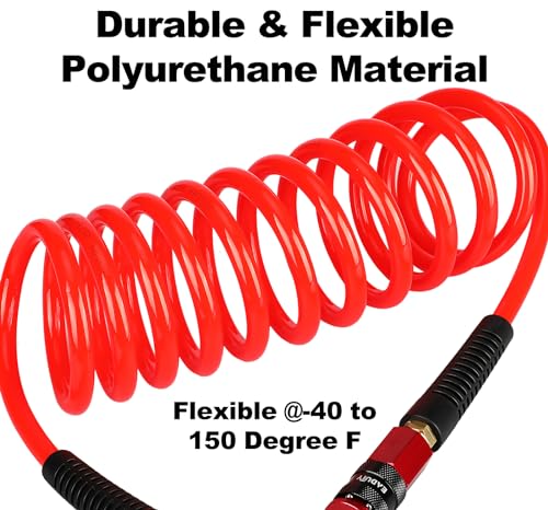 EADUTY Heavy Duty Polyurethane Recoil Air Hose 1/4 in x 25 ft, Lightweight, Flexible Compressor Hose with Universal Quick Coupler, I/M Plug and Bend Restrictors, Red - Image 2