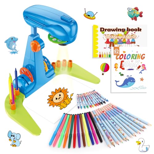 Sumsoltic Drawing Projector for Kids Art and Craft Kit Including Colored Pencils Crayons Coloring Books Toys for 3 Year Old Boys Blue Drawing Kit v1 - Image 1