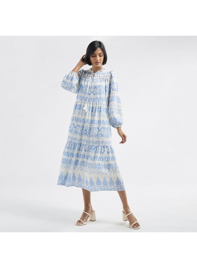Splash FAV All-Over Print Tiered Dress with Ruffled Collar and Tie-Ups - Image 1