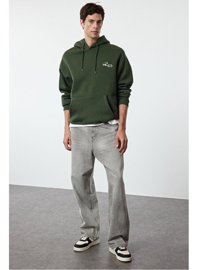 trendyol Khaki Oversize/Wide Cut Embroidered Fleece Inside Hooded Sweatshirt - Image 3