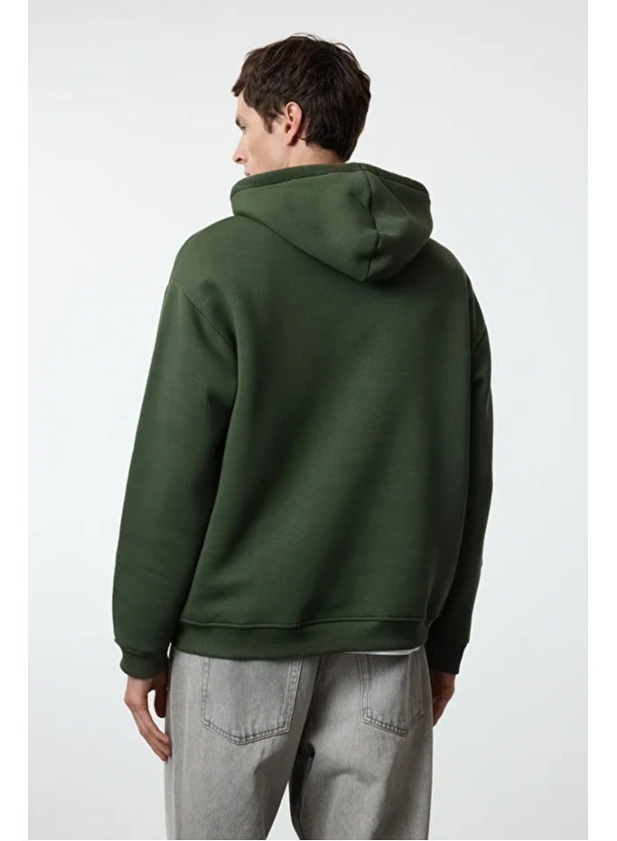 trendyol Khaki Oversize/Wide Cut Embroidered Fleece Inside Hooded Sweatshirt - Image 1