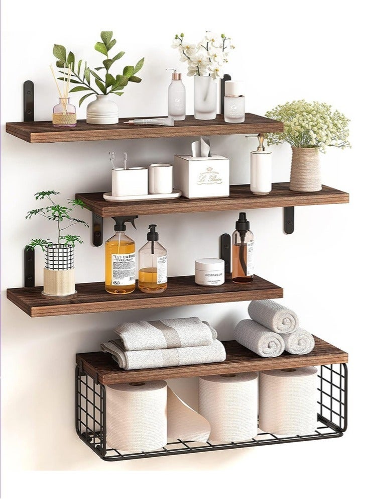 والالا 4 عبوات من الأرفف العائمة الخشبية المثبتة على الحائط، رف تخزين رف معلق، رف عرض منزلي، رف نباتي، رف تخزين منزلي مع سلة تخزين سلكية للمنزل والمكتب - Image 1