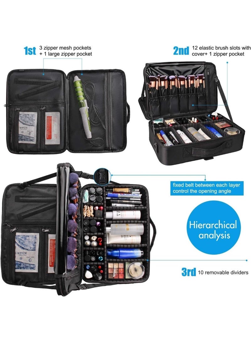 Makeup Bag Travel Makeup Train Case 35CM Large Cosmetic Case Professional Portable Makeup Brush Holder Organizer and Storage with Adjustable Dividers and Shoulder Strap Black - Image 2