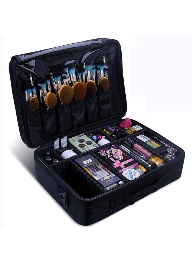 Makeup Bag Travel Makeup Train Case 35CM Large Cosmetic Case Professional Portable Makeup Brush Holder Organizer and Storage with Adjustable Dividers and Shoulder Strap Black - Image 1