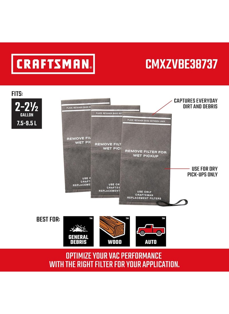 CRAFTSMAN CRAFTSMAN CMXZVBE38737 Genuine General Debris Wet Dry Vac Replacement Filter Bags with Retaining Band for Most CRAFTSMAN 2 to 25 Gallon Shop Vacuums and Powerhead Bucket Vac 3Pack  - Image 2