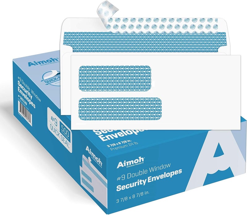 Aimoh 500#9 Double Window SELF Seal Security Envelopes - for Invoices, Statements & Documents, Security Tinted - Size 3-7/8 x 8-7/8-24 LB - 500 Count (30139) - Image 1