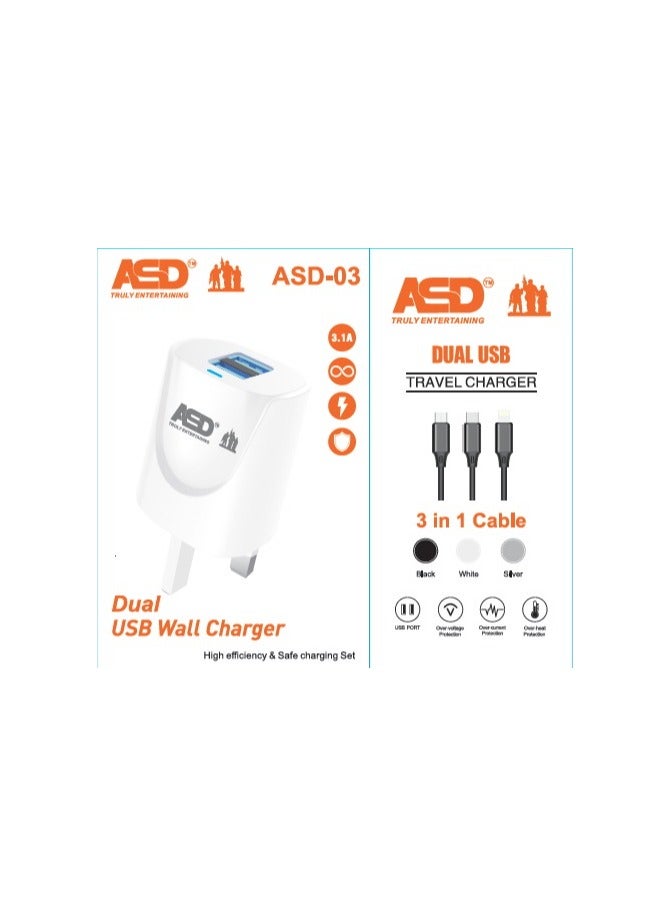 ASD-03 Dual USB Wall Charger 3.1A – Fast Charging Adapter with 3-in-1 USB Cable – Compatible with iPhone & Samsung – White - Image 2