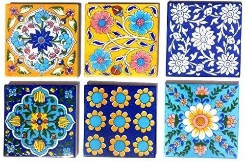 Shiv Kripa Blue Pottery Ceramic Handmade Tiles Interior Exterior Crafted Tabletop Flooring Wall Pack of 6 Tiles Multi