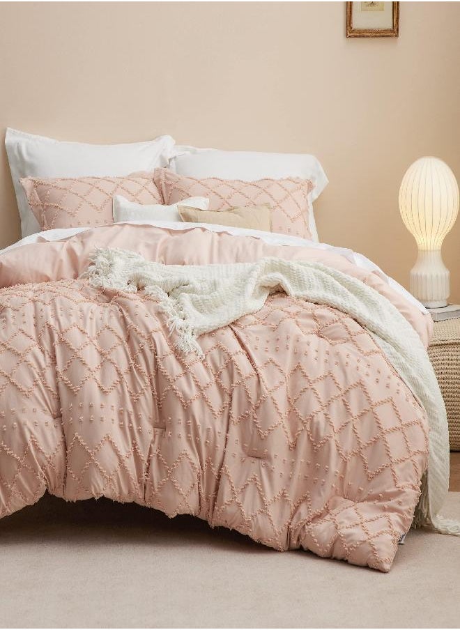 Bedsure Bedsure Boho Comforter Set Full - Coral Pink Tufted Shabby Chic Bedding Comforter Set for All Seasons, 3 Pieces Western Comforter Set, Farmhouse Modern Bed Set, Spring Bedding for Women Men Girls  - Image 1