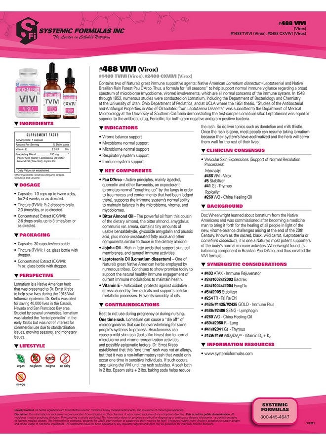 Systemic Formulas Bio Challenge 488 Vivi Virox 30 Capsules Powerful Immune Support Blend With Pau D’Arco Leptotaenia Oil Lomatium Dissectum Bitter Almond Oil Jojoba Oil And Vitamin E  - Image 4