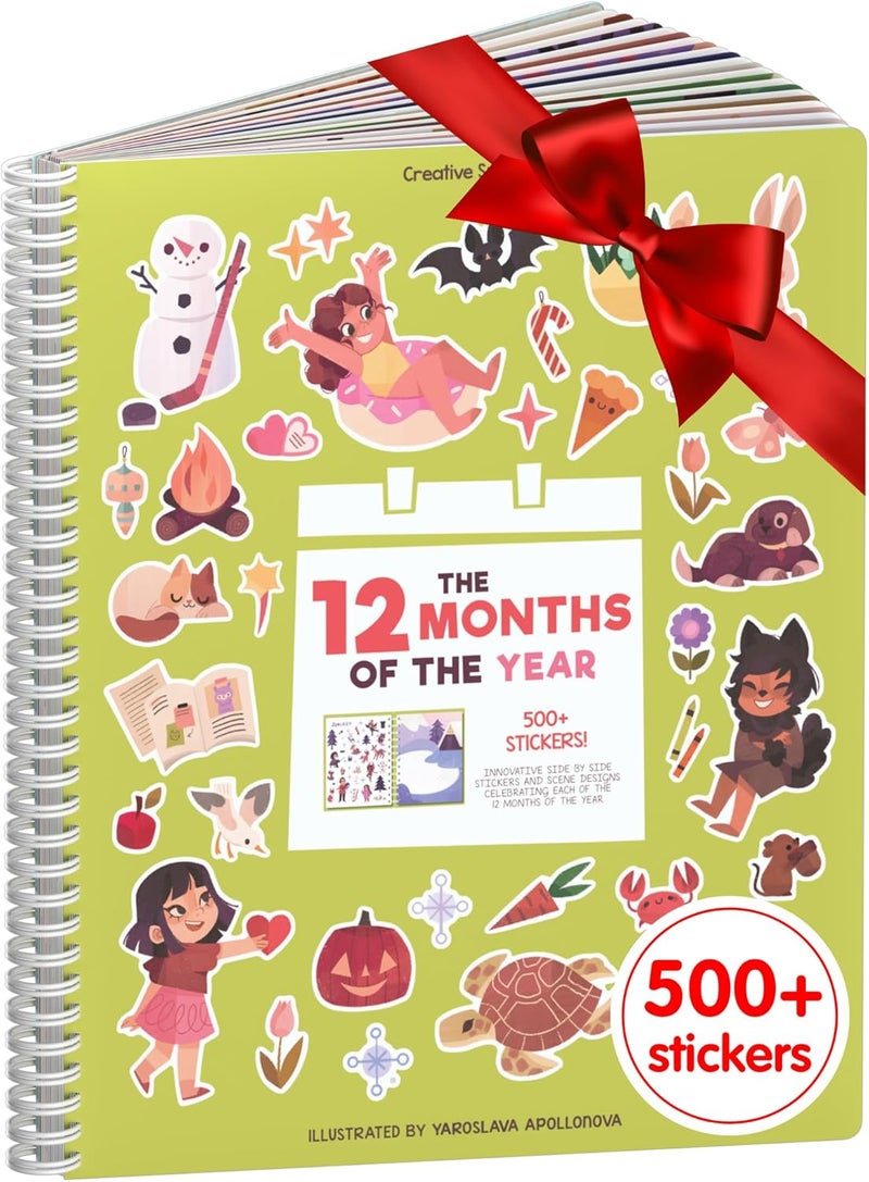 CUPKIN 12 Months Sticker + Coloring Book (500+ Calendar Stickers for Kids & 12 Coloring Pages) Side by Side Activity Book, Fun Sticker Books, Boys & Girls Ages 2-4, 4-8, 8-10 - Image 1
