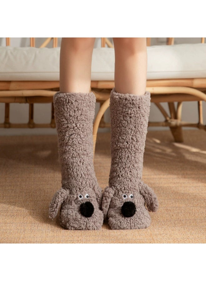 Lady's anti-slip indoor padded thick home slippers with fleece lining and wool socks