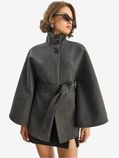 Bianco Lucci LUCCI Poncho Coat with Tie Closure
