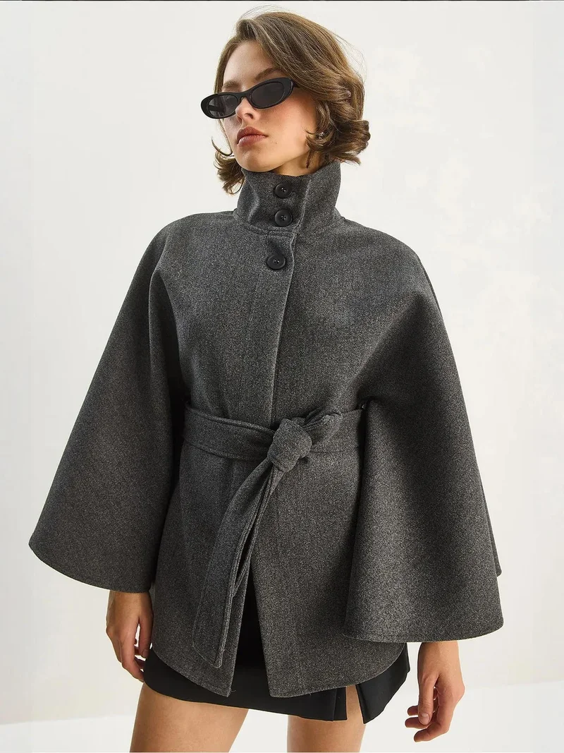 Bianco Lucci LUCCI Poncho Coat with Tie Closure