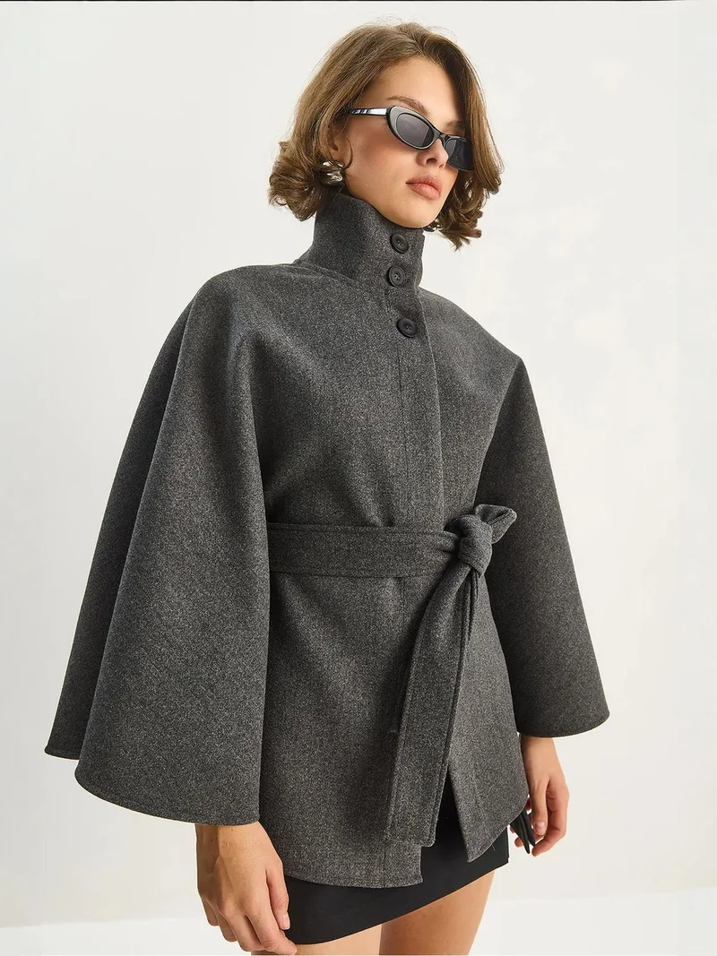 Bianco Lucci LUCCI Poncho Coat with Tie Closure