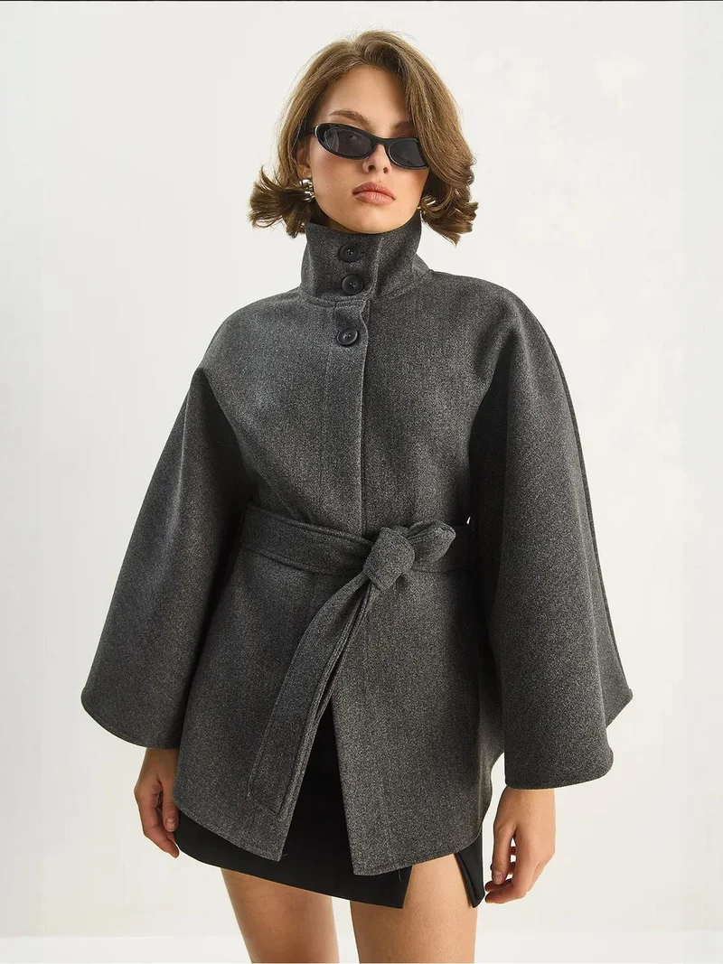 Bianco Lucci LUCCI Poncho Coat with Tie Closure