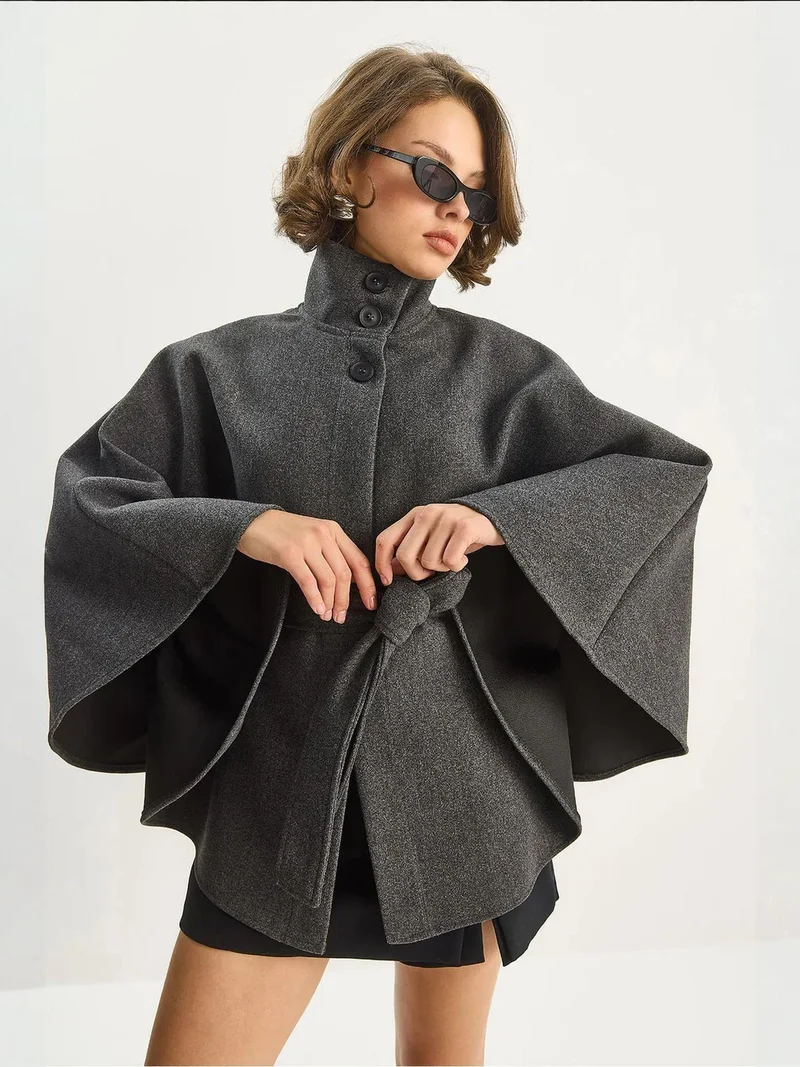 Bianco Lucci LUCCI Poncho Coat with Tie Closure