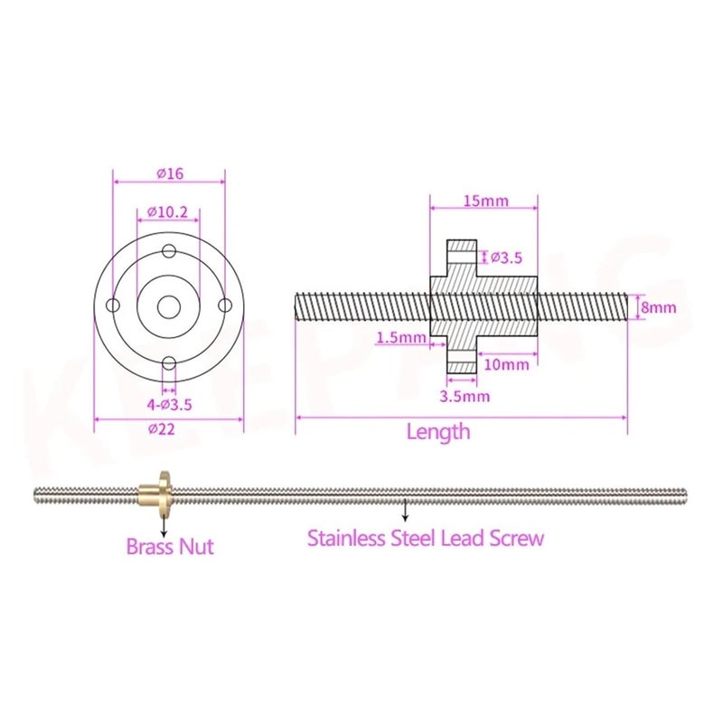 T8 Brass Nut Lead Screw 304 Stainless Steel Threaded Rod 800mm 2PCS For 3D Printer Z Axis Linear Guide Stepper Motor - Image 3