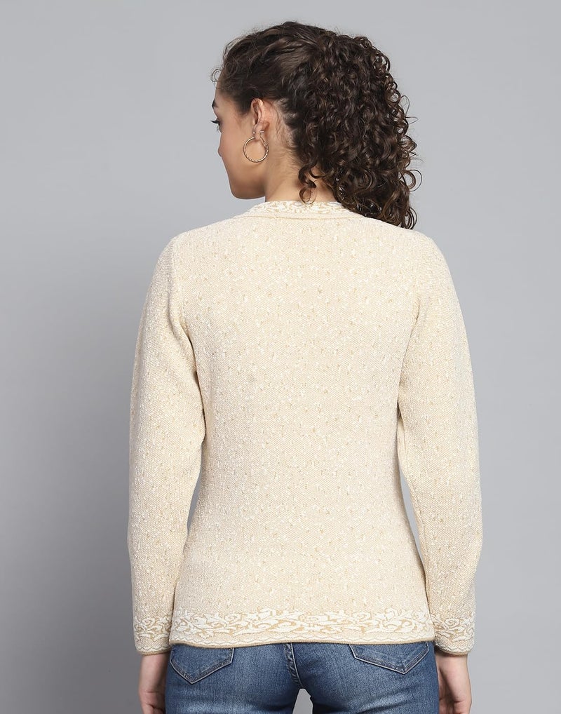 Monte Carlo Womens Self Design Beige V Neck Full Sleeve Cardigan (1243776VN-1-36) - Image 4
