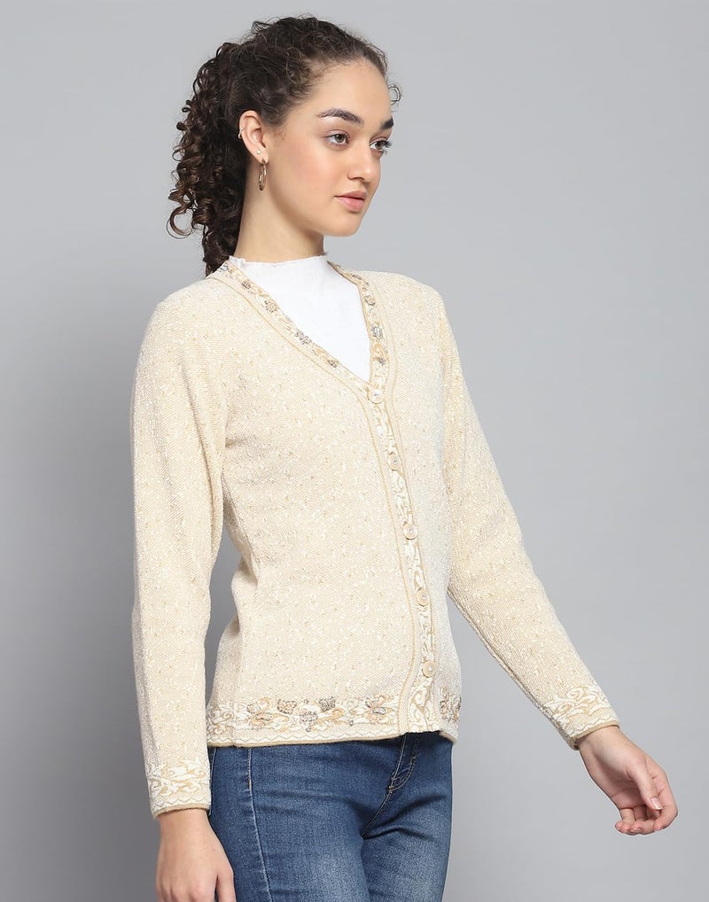 Monte Carlo Womens Self Design Beige V Neck Full Sleeve Cardigan (1243776VN-1-36) - Image 3