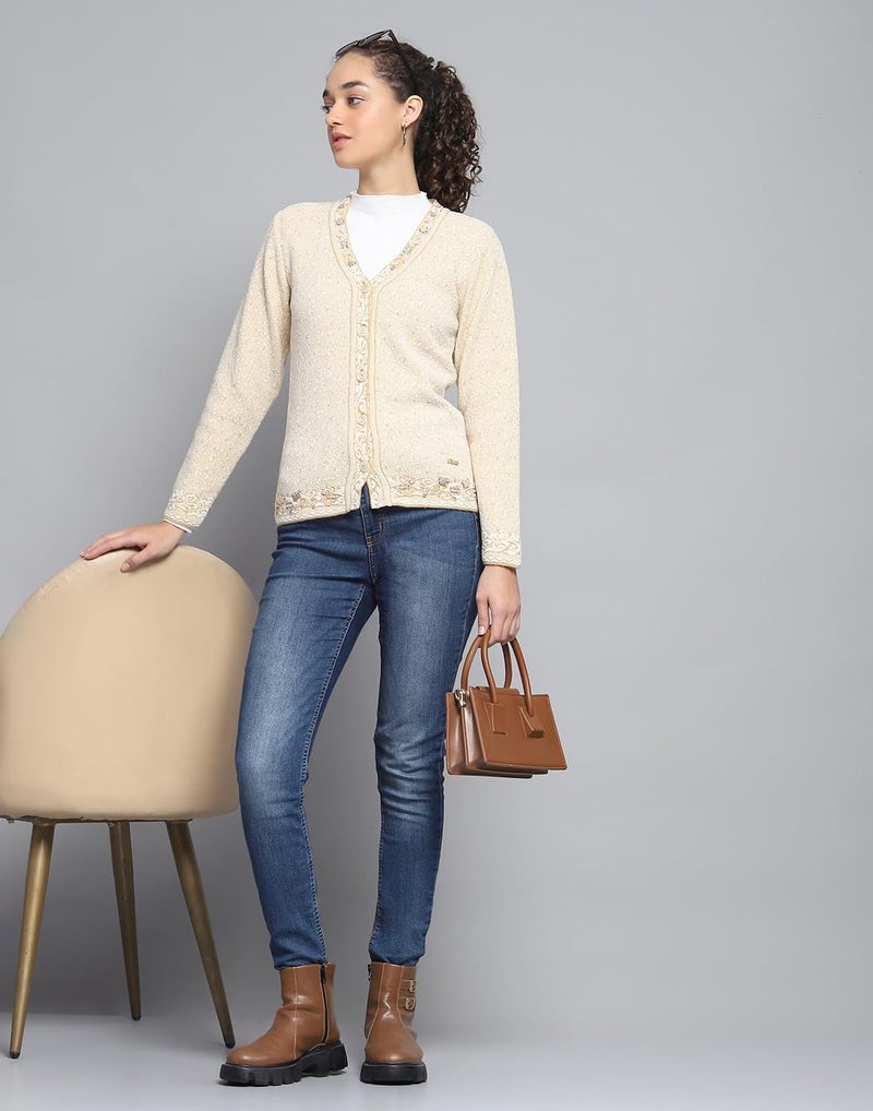 Monte Carlo Womens Self Design Beige V Neck Full Sleeve Cardigan (1243776VN-1-36) - Image 5