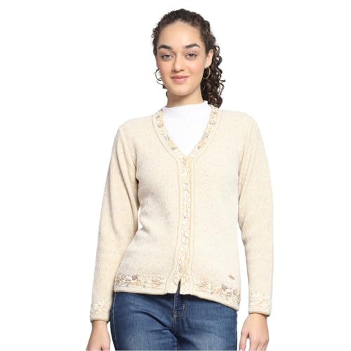 Monte Carlo Womens Self Design Beige V Neck Full Sleeve Cardigan (1243776VN-1-36) - Image 1