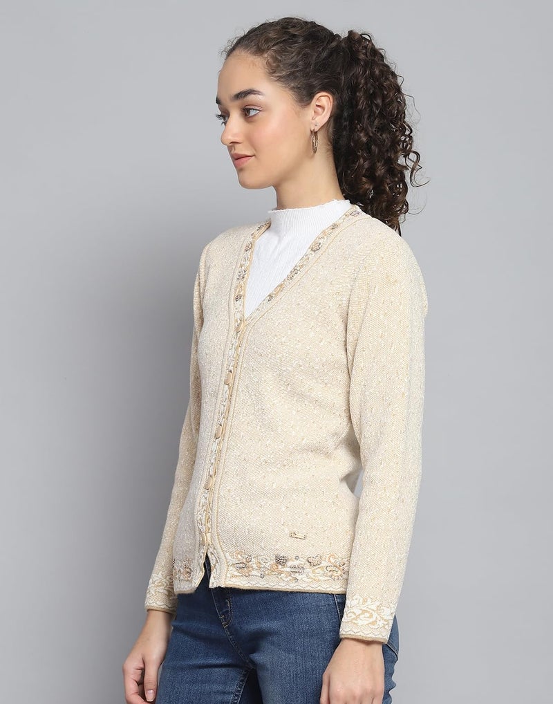 Monte Carlo Womens Self Design Beige V Neck Full Sleeve Cardigan (1243776VN-1-36) - Image 2